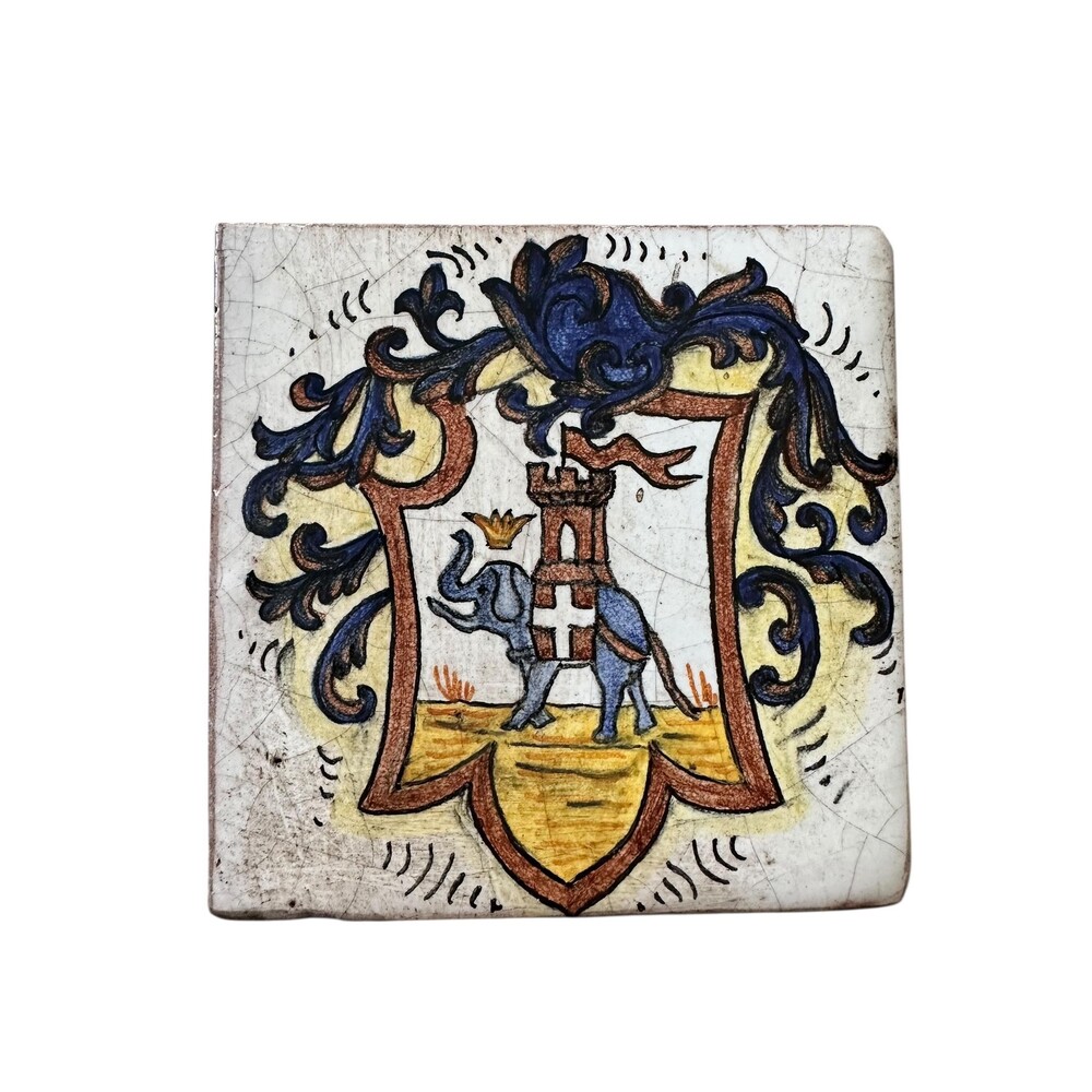 Vintage Italian Majolica Tile Catania Coat of Arms Elephant 4x4 Wall Decor